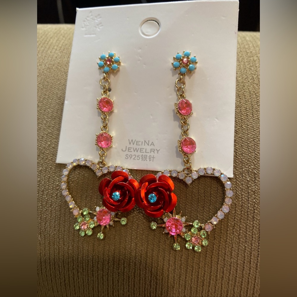 dangle earrings Women Flowers Hearts Colorful Rhinestones Kawaii Party Festival